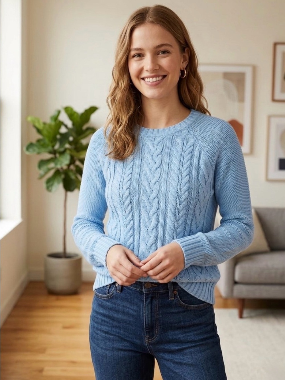 Old Navy light blue cotton cable knit sweater. Size S.
